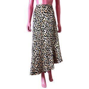 Everkaki XL Midi Skirt Leopard Print Textured Satin Asymmetrical Hem Side Slit